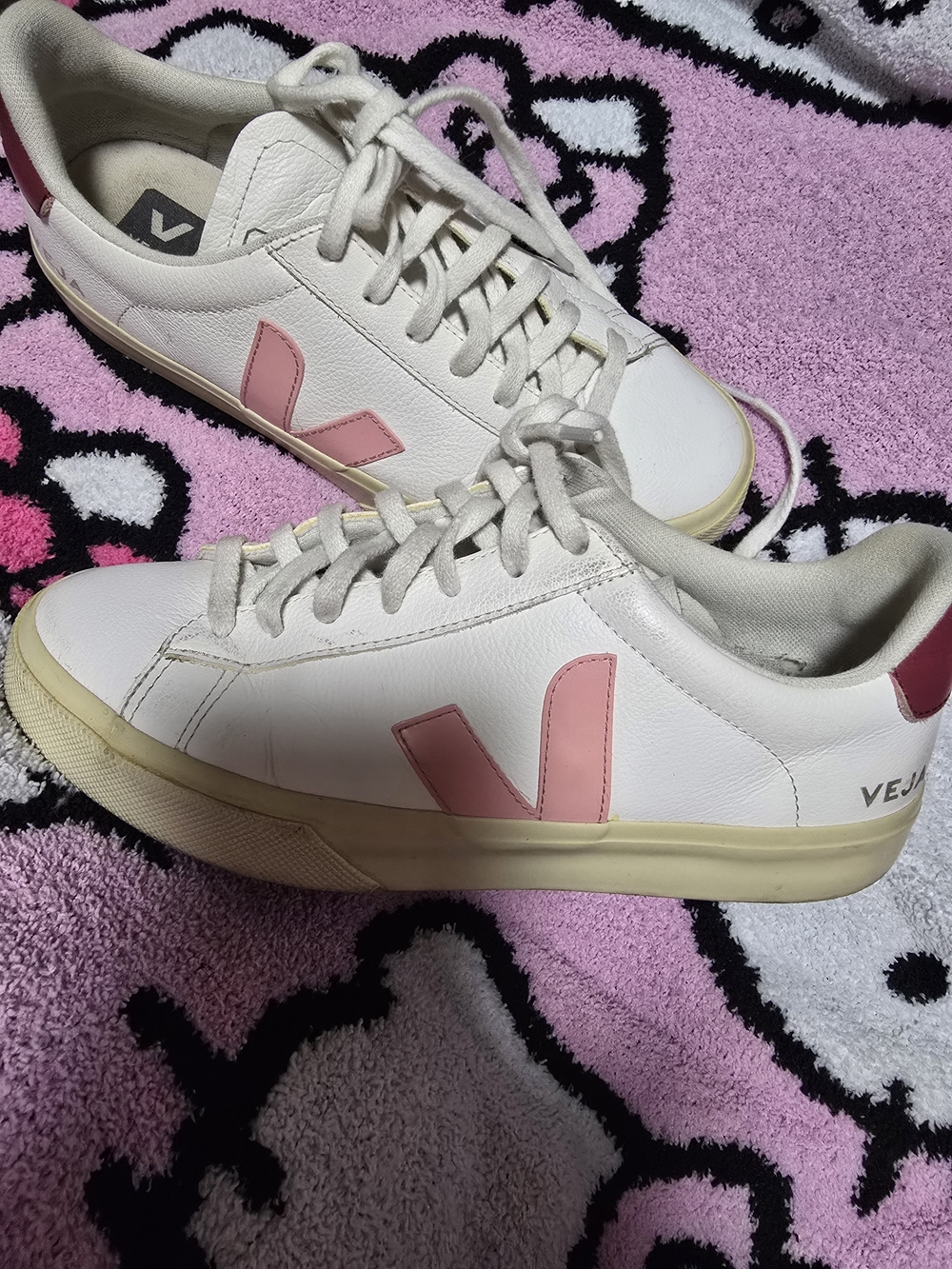 Veja White Leather Low-Top Sneakers with Pink V Accents